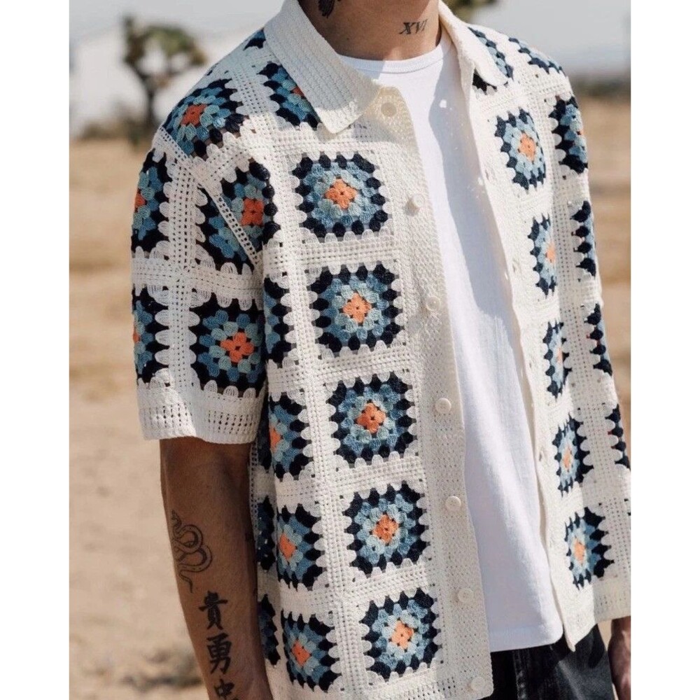 Men's Crochet Patchwork Knit Shirt Lge Granny Square Massive Luxury Dandy Dapper